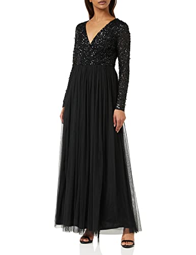 Ladies Maxi Dress for Women with Long Sleeves V Neckline Plunging Sequin Embellished for Wedding Guest Bridesmaid Prom Black Size 24 von Maya Deluxe