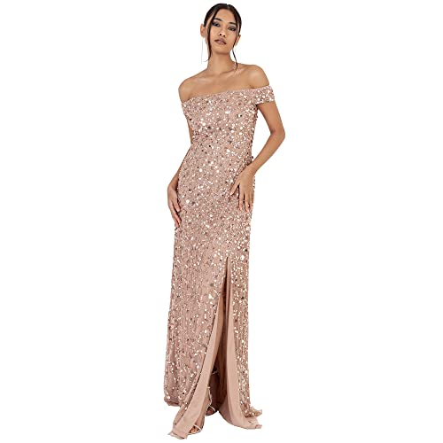 Maya Deluxe Women's Ladies Maxi with Slit Split Bardot Sleevless Sequin Embellishment Evening Gown for Wedding Guest Dress, Taupe Blush, 36 von Maya Deluxe