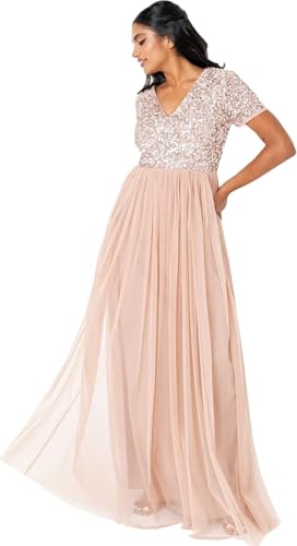 Maya Deluxe Abendkleid mit Pailletten Cocktailkleid Damen mit V-Ausschnitt Tüllkleid Erröten Größe 34 von Maya Deluxe