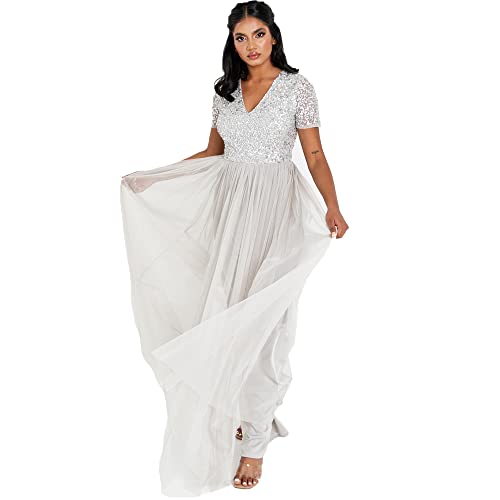Maya Deluxe Abendkleid mit Pailletten Cocktailkleid Damen mit V-Ausschnitt Tüllkleid Grau Größe 44 von Maya Deluxe