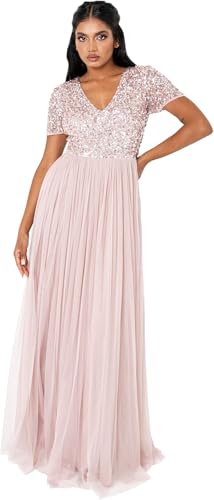 Maya Deluxe Abendkleid mit Pailletten Cocktailkleid Damen mit V-Ausschnitt Tüllkleid Rosa Größe 40 von Maya Deluxe