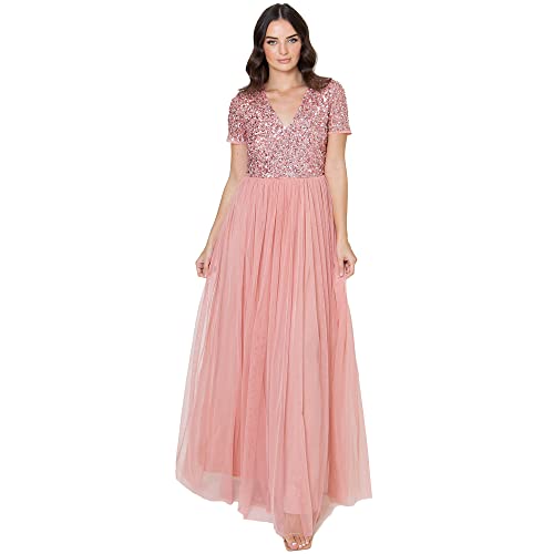 Maya Deluxe Damen Ballkleid Abendkleid V-Ausschnitt Maxi Länge Pailletten Kurze Ärmel Für Hochzeit Geburtstag Brautjungfer Bridesmaid Dress, Blossom, 34 EU von Maya Deluxe