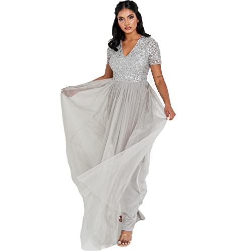 Maya Deluxe Abendkleid mit Pailletten Cocktailkleid Damen mit V-Ausschnitt Tüllkleid Grau Größe 36 von Maya Deluxe