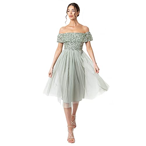 Maya Deluxe Damen Bardot - Midi-Kleid mit Verzierungen Bridesmaid Dress, Green Lily, 46 EU von Maya Deluxe