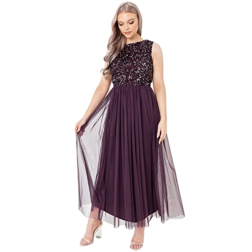 Maya Deluxe Vrouwen Midaxi Jurk Dames Mouwloze Pailletten Hoge Empire Taille Tule Versierd voor Bruiloft Gast Bal Bruidsmeisje, Bessen, 50 von Maya Deluxe