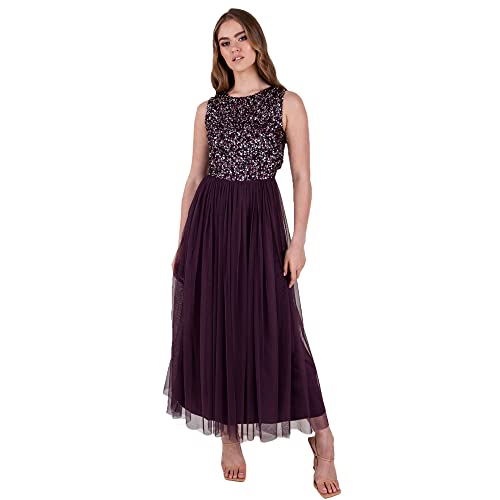 Maya Deluxe Vrouwen Midaxi Jurk Dames Mouwloze Pailletten Hoge Empire Taille Tule Versierd voor Bruiloft Gast Bal Bruidsmeisje, Bessen, 50 von Maya Deluxe