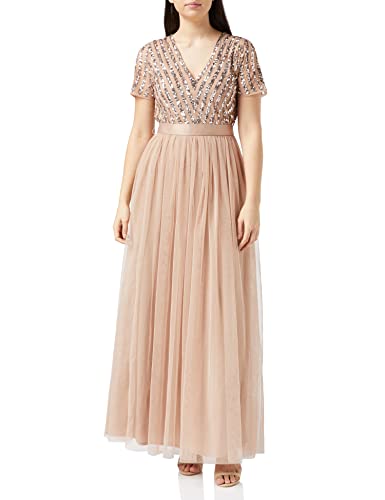 Maya Deluxe Women's Damen Maxi Ladies Vneck Plus Size Ball Gown Short Sleeves Long Elegant Empire Waist Bridesmaid Dress, Taupe Blush, 40 von Maya Deluxe