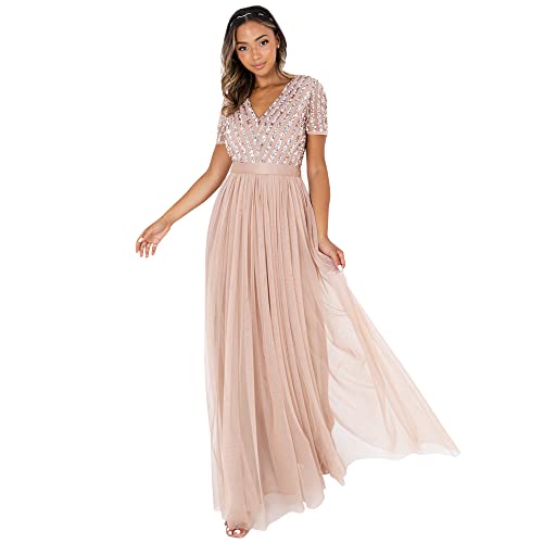 Maya Deluxe Damen Maya Deluxe Stripe Embellished Maxi With Sash Belt Bridesmaid Dress, Taupe Blush, 42 EU von Maya Deluxe