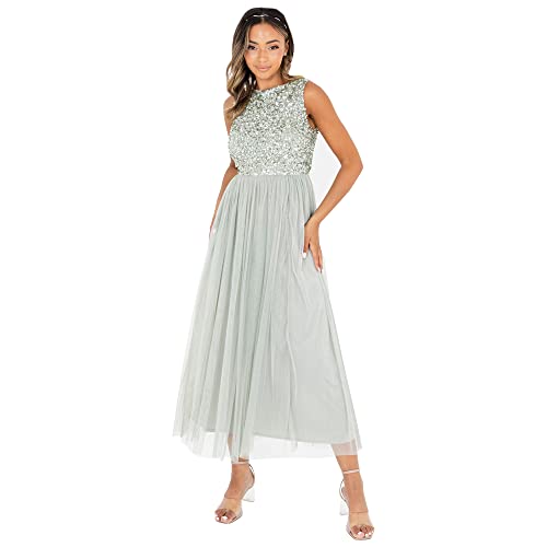 Maya Deluxe Vrouwen Midaxi Jurk Dames Mouwloze Pailletten Hoge Empire Taille Tule Versierd voor Bruiloft Gast Bal Bruidsmeisje, Bessen, 34 von Maya Deluxe