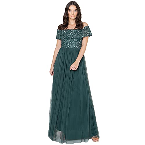 Maya Deluxe Damen Dames Bardot Jurk Voor Vrouwen Maxi Versierd Hight Empire Taille Mouwloze Tulle Voor Bruiloft Guest Brautjungfernkleid, Emerald Green, 54 EU von Maya Deluxe