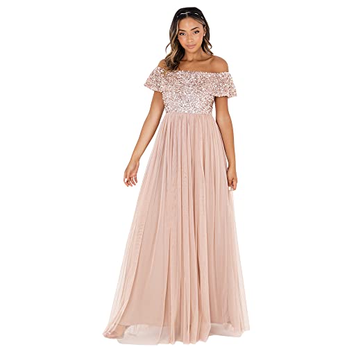 Maya Deluxe Damen Ladies Bardot Dress For Women Maxi Embellished Hight Empire Waist Sleeveless Tulle Wedding Guest Prom Graduation Brautjungfernkleid, Taupe Blush, 54 EU von Maya Deluxe