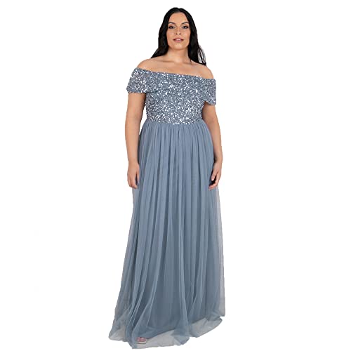 Maya Deluxe Damen Maya Deluxe Dusty Blue Bardot Versierd Maxi Jurk Brautjungfernkleid, Dusty Blue, 56 Große Größen EU von Maya Deluxe