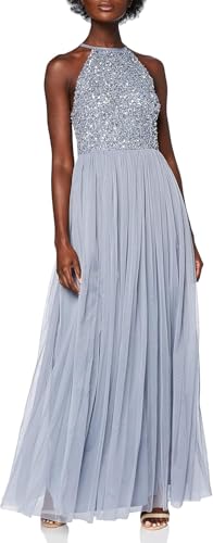 Maya Deluxe Damen Dusty Blue Embellished Halter Neck Maxi Dress Brautjungfernkleid, 52 EU von Maya Deluxe