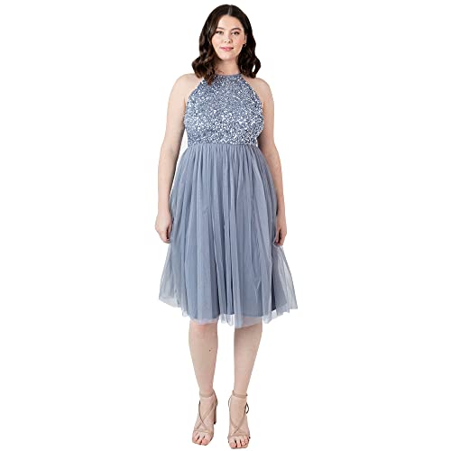 Maya Deluxe Damen Embellished Halter Neck Midi Dress Brautjungfernkleid, Dusty Blue, 38 von Maya Deluxe