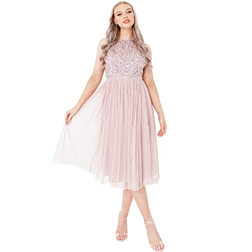 Maya Deluxe Women's Damen Womens Ladies Midi Dress with Halter Neck Tulle for Evening Graduation Prom Wedding Bridesmaids Ball Gown Brautjungfernkleid, Frosted Pink, 48 von Maya Deluxe