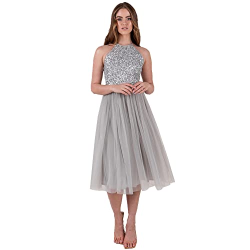 Maya Deluxe Women's Damen Womens Ladies Midi Dress with Halter Neck Tulle for Evening Graduation Prom Wedding Bridesmaids Ball Gown Brautjungfernkleid, Soft Grey, 46 von Maya Deluxe