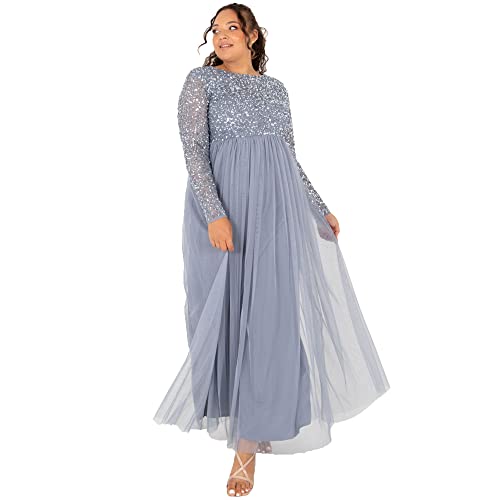 Maya Deluxe Damen Women's Wedding Guest Plus Size Large Rich High Waist Sequins Long Sleeve Prom Evening Formal Dress, Dusty Blue, 50 EU von Maya Deluxe