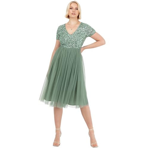 Maya Deluxe Damen Embellished Midi Evening Dress Women Ladies V Neckline with Short Sleeve for Prom Wedding Brautjungfernkleid, Deep Mint, 40 von Maya Deluxe