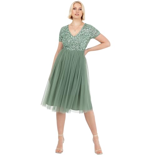 Maya Deluxe Damen Embellished Midi Evening Dress Women Ladies V Neckline with Short Sleeve for Prom Wedding Brautjungfernkleid, Deep Mint, 44 von Maya Deluxe