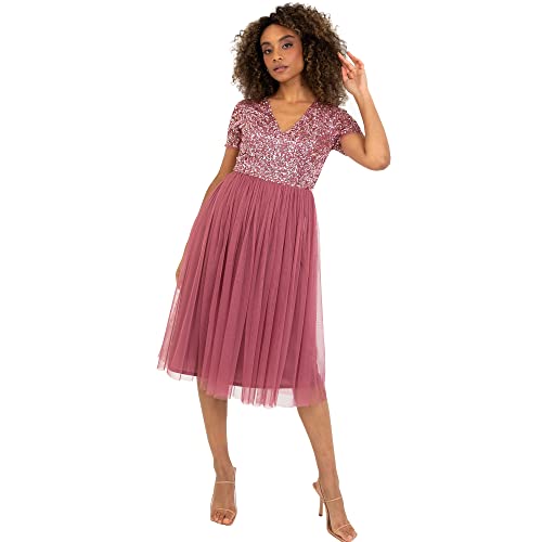 Maya Deluxe Damen Midi-Kleid mit V-Ausschnitt, Verziert Brautjungfernkleid, Desert Rose, 40 von Maya Deluxe