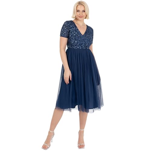 Maya Deluxe Damen Embellished Midi Evening Dress Women Ladies V Neckline with Short Sleeve for Prom Wedding Brautjungfernkleid, French Navy, 54 von Maya Deluxe