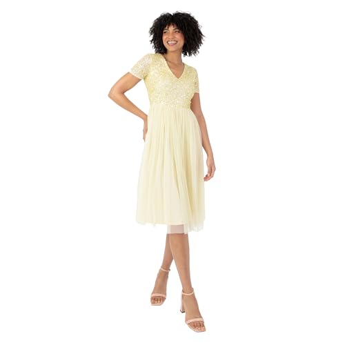 Maya Deluxe Damen Embellished Midi Evening Dress Women Ladies V Neckline with Short Sleeve for Prom Wedding Brautjungfernkleid, Lemon, 38 von Maya Deluxe