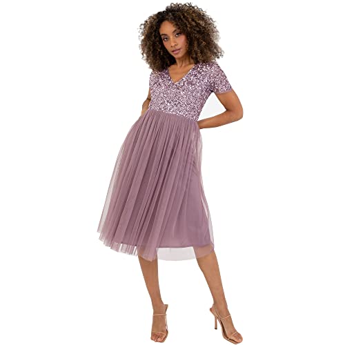 Maya Deluxe Damen Midi-Kleid mit V-Ausschnitt, Verziert Brautjungfernkleid, Moody Lilac, 38 von Maya Deluxe