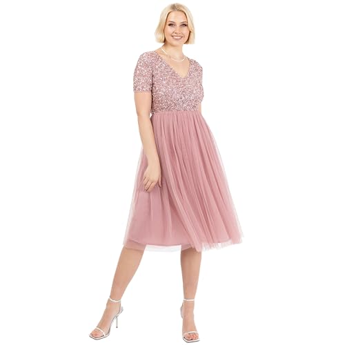 Maya Deluxe Damen Embellished Midi Evening Dress Women Ladies V Neckline with Short Sleeve for Prom Wedding Brautjungfernkleid, Vintage Rose, 44 von Maya Deluxe