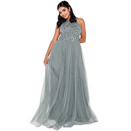 Maya Deluxe Damen Evening Sequins Cocktail Women's Tulle Halter Neck Evening Elegant for Weddi Bridesmaid Dress, Misty Green, 40 EU von Maya Deluxe