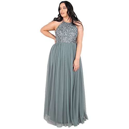 Maya Deluxe Damen Evening Sequins Cocktail Women's Tulle Halter Neck Evening Elegant for Weddi Bridesmaid Dress, Misty Green, 40 EU von Maya Deluxe