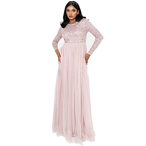 Maya Deluxe Damen Maya Deluxe Frosted Pink Versierd lange mouwen Maxi Jurk Brautjungfernkleid, Frosted Pink, 56 EU von Maya Deluxe