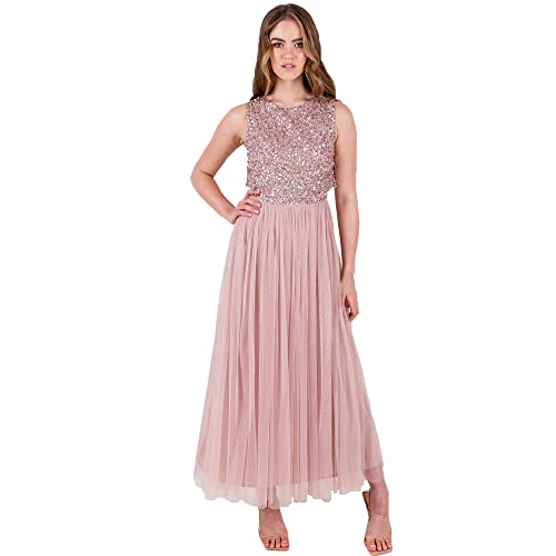 Maya Deluxe Vrouwen Midaxi Jurk Dames Mouwloze Pailletten Hoge Empire Taille Tule Versierd voor Bruiloft Gast Bal Bruidsmeisje, Bessen, 56 von Maya Deluxe