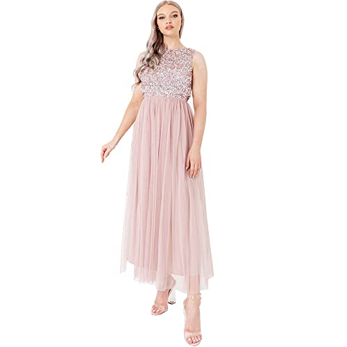 Maya Deluxe Vrouwen Midaxi Jurk Dames Mouwloze Pailletten Hoge Empire Taille Tule Versierd voor Bruiloft Gast Bal Bruidsmeisje, Bessen, 46 von Maya Deluxe