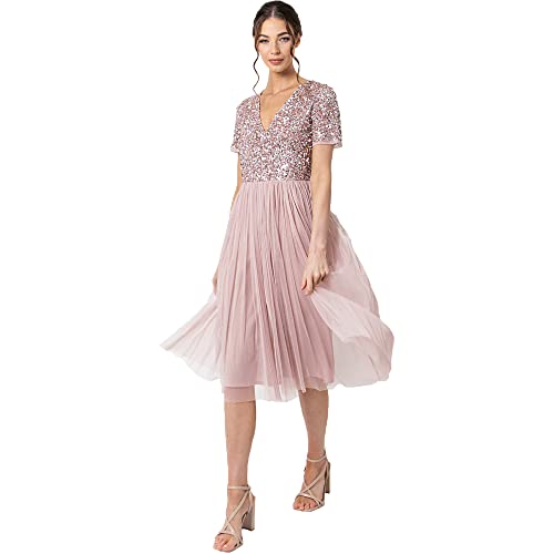 Maya Deluxe Damen Midi-Kleid mit V-Ausschnitt, Verziert Brautjungfernkleid, Frosted Pink, 48 von Maya Deluxe