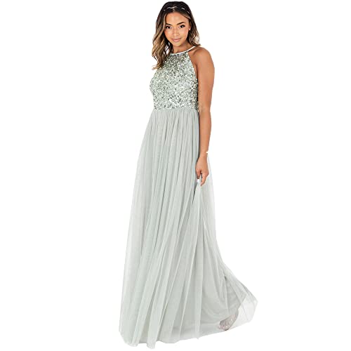 Maya Deluxe Damen Maya Deluxe Green Lily Embellished Houder Neck Maxi Dress Brautjungfernkleid, Green Lily, 54 EU von Maya Deluxe