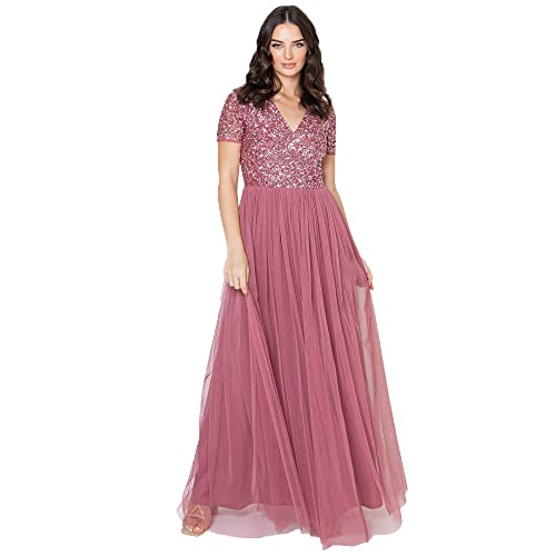 Maya Deluxe Damen Ballkleid Abendkleid V-ausschnitt Maxi Länge Pailletten Kurze Ärmel Für Hochzeit Geburtstag Brautjungfer Bridesmaid Dress, Desert Rose, 40 EU von Maya Deluxe