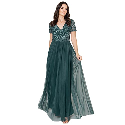 Maya Deluxe Damen Women's V Neckline Embellished Neck Maxi Dress Short Sleeve Empire Waist Prom Graduation Bridesmaid Wedding Guest Brautjungfernkleid, Emerald Green, 40 EU von Maya Deluxe