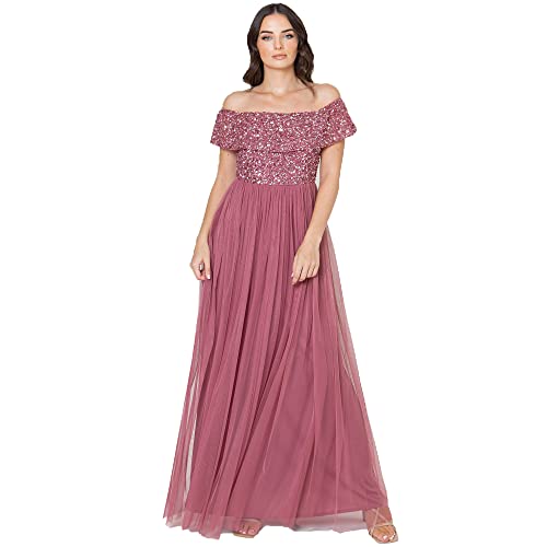 Maya Deluxe Damen Ladies Bardot Dress Women Maxi Embellished Hight Empire Waist Sleeveless Tulle for Wedding Guest Prom Graduation Brautjungfernkleid, Desert Rose, 20 von Maya Deluxe