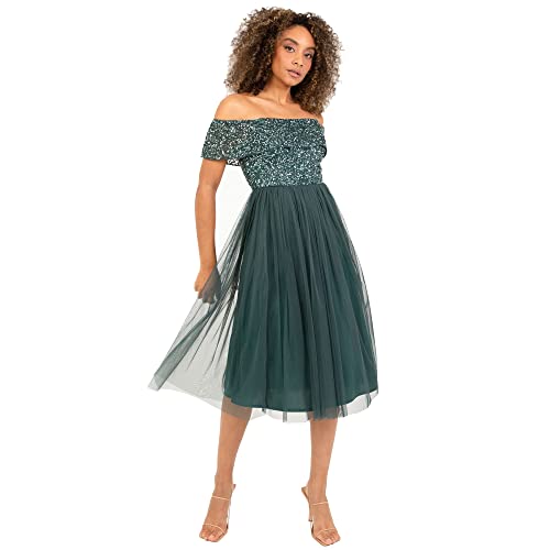 Maya Deluxe Damen Maya Deluxe Ladies Bardot Dresses For Women Midi High Empire Waist Sequins Embellished Formal Evenin Brautjungfernkleid, Emerald Green, 38 EU von Maya Deluxe