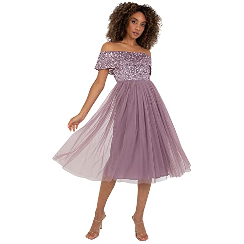 Maya Deluxe Damen Maya Deluxe Ladies Bardot Dresses For Women Midi High Empire Waist Sequins Embellished Formal Evenin Brautjungfernkleid, Moody Lilac, 40 EU von Maya Deluxe