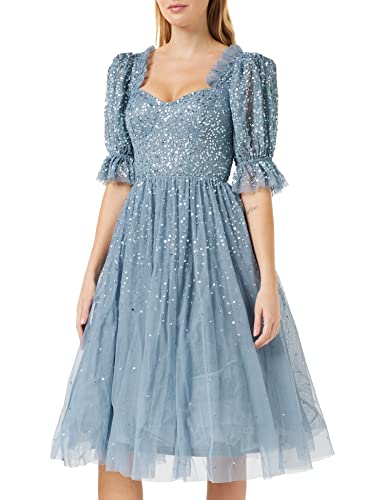 Maya Deluxe Damen Ladies Dress For Women Midi Sequin Embellished Frilly Sweetheart Neckline Puffed Sleeves For Wedding Kleid, Dusty Blue, 36 EU von Maya Deluxe