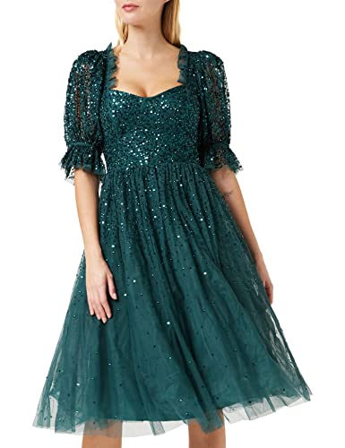 Maya Deluxe Damen Ladies Dress For Women Midi Sequin Embellished Frilly Sweetheart Neckline Puffed Sleeves For Wedding Kleid, Emerald Green, 42 EU von Maya Deluxe