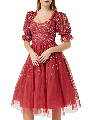 Maya Deluxe Damen Ladies Dress For Women Midi Sequin Embellished Frilly Sweetheart Neckline Puffed Sleeves For Wedding Kleid, Vermillion, 36 EU von Maya Deluxe