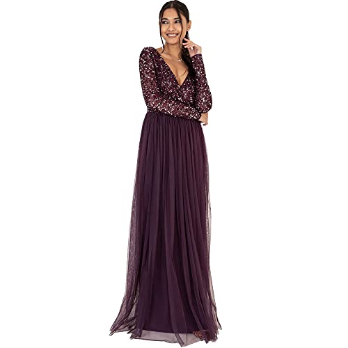 Maya Deluxe Damen Ladies Maxi Dress For Women With Long Sleeves V Neckline Plunging Sequin Embellished For Wedding Gue Kleid, Berry, 46 EU von Maya Deluxe