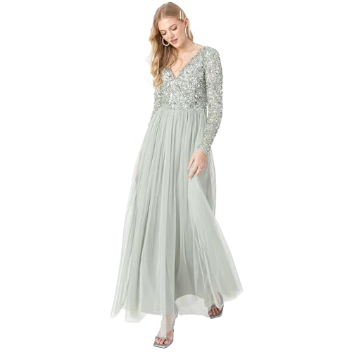 Maya Deluxe Damen Ladies Maxi Dress Women with Long Sleeves V Neckline Plunging Sequin Embellished for Wedding Guest Bridesmaid Prom Kleid, Green Lily, 34 von Maya Deluxe
