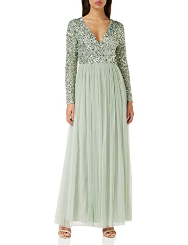 Maya Deluxe Damen Ladies Maxi Dress for Women with Long Sleeves V Neckline Plunging Sequin Embellished for Wedding Guest Bridesmaid Prom Kleid, Green Lily, von Maya Deluxe