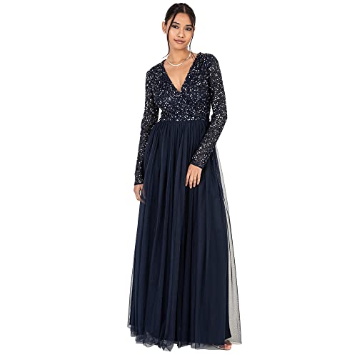 Maya Deluxe Damen Ladies Maxi Dress Women with Long Sleeves V Neckline Plunging Sequin Embellished for Wedding Guest Bridesmaid Prom Kleid, Navy, 32 von Maya Deluxe