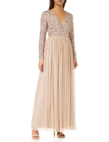 Maya Deluxe Damen Ladies Maxi Dress for Women with Long Sleeves V Neckline Plunging Sequin Embellished for Wedding Guest Bridesmaid Prom Kleid, Taupe Blush, 40 DE (12 UK) von Maya Deluxe