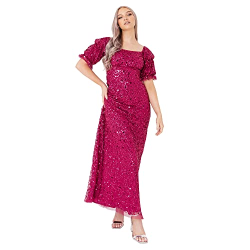 Maya Deluxe Damen Ladies Maxi Sequin Embellished Dress For Women Wedding Guest Puffed Short Sleeves Long Square Neckli Kleid, Raspberry, 38 EU von Maya Deluxe