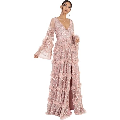 Maya Deluxe Damen Ladies Womens Maxi Dress V Neckline Sequin with Ruffle Empire Waist Slit Split for Prom Ball Bridesmaid Wedding Guest Kleid, Frosted Pink, 52 von Maya Deluxe